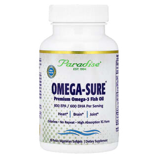 Paradise Herbs, Omega Sure®, премиальный рыбий жир с омега-3, 1000 мг, 30 вегетарианских капсул Pesco
