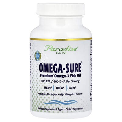 Paradise Herbs, Omega-Sure®, Premium Omega-3 Fish Oil, 60 Pesco Vegetarian Softgels