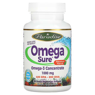 Paradise Herbs, Omega Sure, Omega-3 Concentrate, 1,000 mg, 60 Pesco Vegetarian Softgels