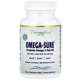 Paradise Herbs, Omega Sure, рыбий жир с омега-3 премиального качества, 1000 мг, 60 вегетарианских мягких таблеток Pesco