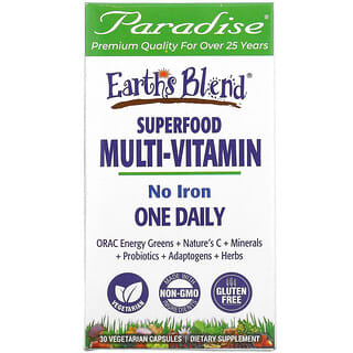 Paradise Herbs, Earth's Blend, ежедневные мультивитамины из суперпродуктов, без железа, 30 вегетарианских капсул