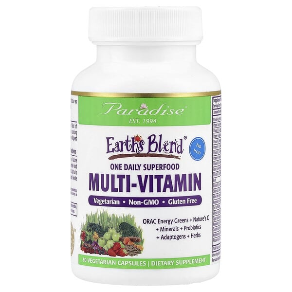 Paradise Herbs, Earth’s Blend, Multivitamin Makanan Kaya Nutrisi Harian, Tanpa Zat Besi, 30 Kapsul Vegetarian