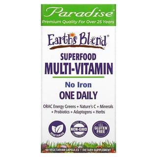 Paradise Herbs, Earth's Blend, Un superaliment multivitaminé par jour, Sans fer, 60 capsules végétariennes