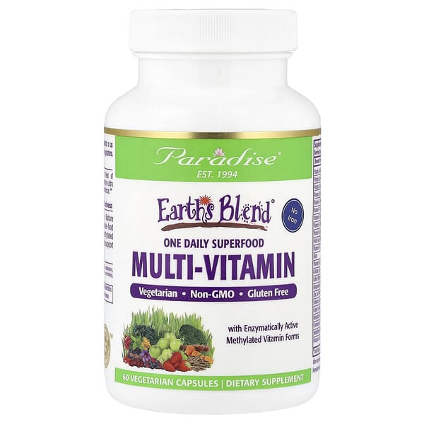 Paradise Herbs, Earth’s Blend, Multivitamin Makanan Kaya Nutrisi Harian, Tanpa Zat Besi, 60 Kapsul Vegetarian