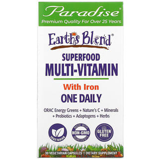 Paradise Herbs, Earth's Blend, Un superaliment multivitaminé par jour, Avec du fer, 30 capsules végétariennes