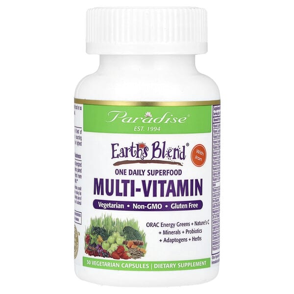 Paradise Herbs, Earth's Blend, One Daily Superfood Multi-Vitamin with Iron, 30 Vegetarian Capsules
