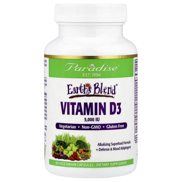 Paradise Herbs, Earth's Blend, Vitamin D3, 5.000 IU, 90 Kapsul Vegetarian