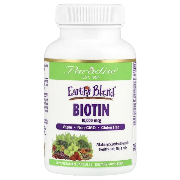 Paradise Herbs, Jordens blanding®, biotin, 10 000 mcg, 90 vegetariske kapsler
