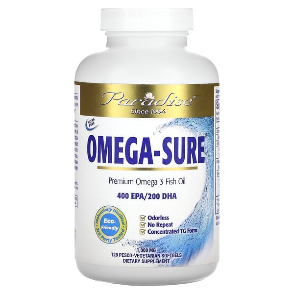 Paradise Herbs, Omega-Sure, Aceite de pescado con omega-3 prémium, 1000 mg, 120 cápsulas blandas pesco-vegetarianas