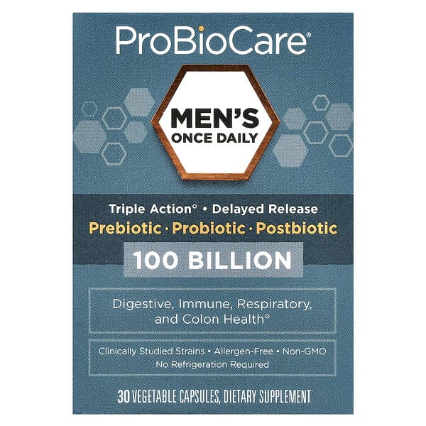 ProBioCare Men's Once Daily, Prebiotic, Probiotic, Postbiotic, 100 Billion, 30 Vegetable Capsules