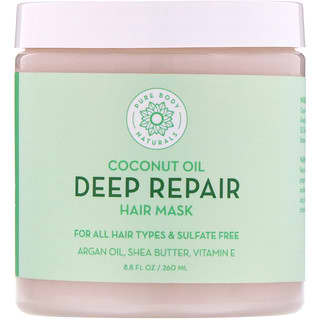 Pure Body Naturals, Aceite de coco, Mascarilla para el cabello de reparación profunda, 260 ml (8,8 oz. Líq.)