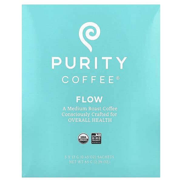 Purity Coffee, Flow, саше, средняя обжарка, 5 саше по 13 г (0,45 унции)