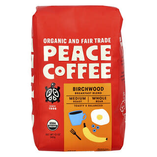 Peace Coffee, Mélange petit-déjeuner à base de bois de bouleau biologique, Grains entiers, Torréfaction moyenne, 340 g