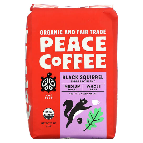 Peace Coffee, 有機黑松鼠混合意式濃縮咖啡，中度烘焙，整顆咖啡豆，12 盎司（340 克）