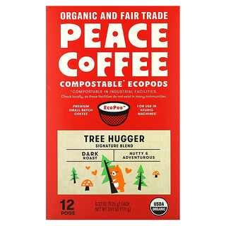 Peace Coffee, Tree Hugger orgánico, Mezcla exclusiva, Tostado oscuro, 12 vainas, 9,25 g (0,32 oz) cada una