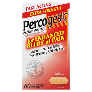 Percogesic, Acetaminofeno / clorhidrato de difenhidramina, Concentración extra`` 60 comprimidos recubiertos fáciles de ingerir