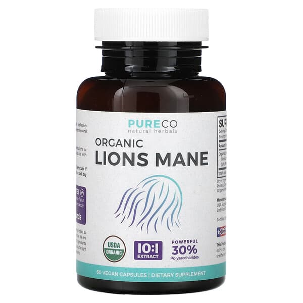 Pure Co. Organic Lions Mane, 60 Vegan Capsules (500 mg per Capsule)