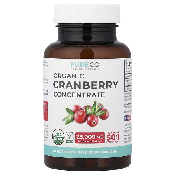 Pure Co., Concentrat organic de merișoare, 500 mg, 60 capsule vegane