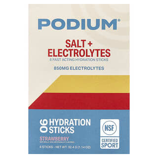 Podium Nutrition, Salt + Electrolytes, Hydration Sticks, Strawberry, 6 Sticks, 0.19 oz (5.4 g) Each