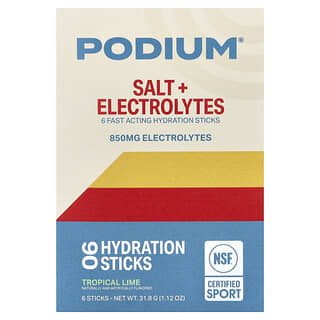 Podium Nutrition, Salt + Electrolytes, Hydration Sticks, Tropical Lime, 6 Sticks, 0.18 oz (5.3 g) Each