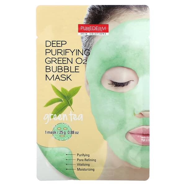 Purederm, Deep Purifying Green O2 Bubble Beauty Mask, Green Tea, 1 Sheet Mask, 0.88 oz (25 g)