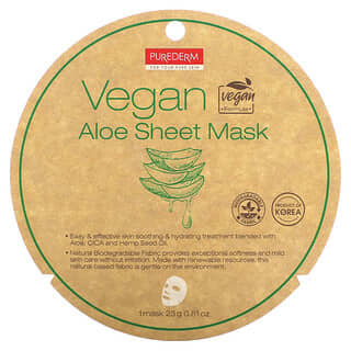 Purederm, Máscara de Folha de Beleza de Aloe Vegana, 1 Máscara de Folha, 23 g (0,81 oz)