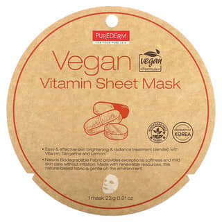Purederm, Folha de Máscara de Vitamina Vegana, 1 Folha de Máscara, 23 g (0,81 oz)