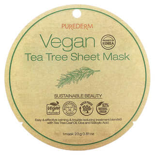 Purederm, Maschera di bellezza in fogli con albero del tè vegano, 1 maschera in fogli, 23 g