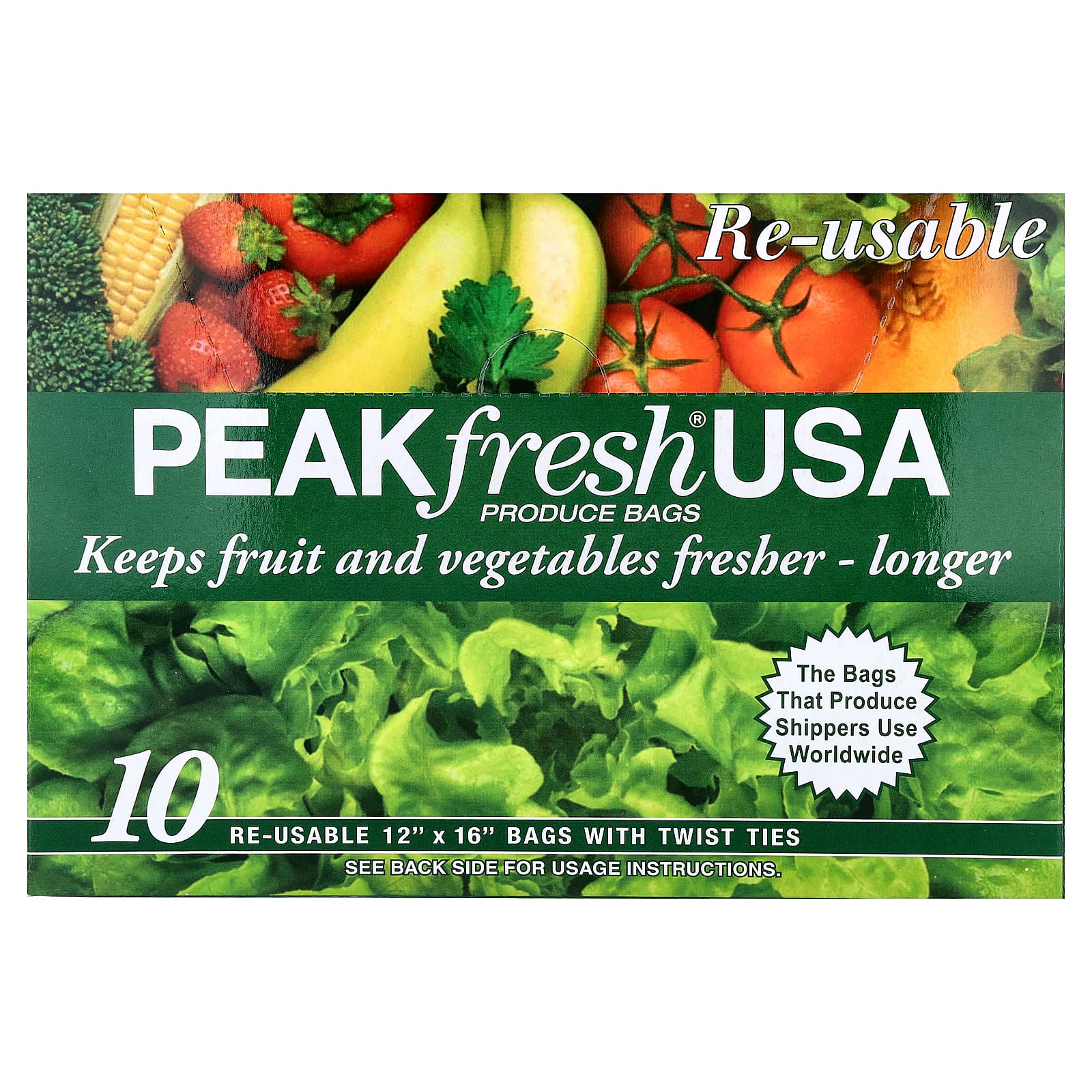 PEAKfresh USA (피크프레시 USA), 신선식품 보관백, 묶는 끈 포함, 재사용 가능, 10개