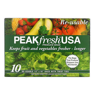PEAKfresh USA, Produce Bags with Twist Ties, Lebensmittelbeutel mit gedrehten Schlaufen, wiederverwendbar, 10 Beutel