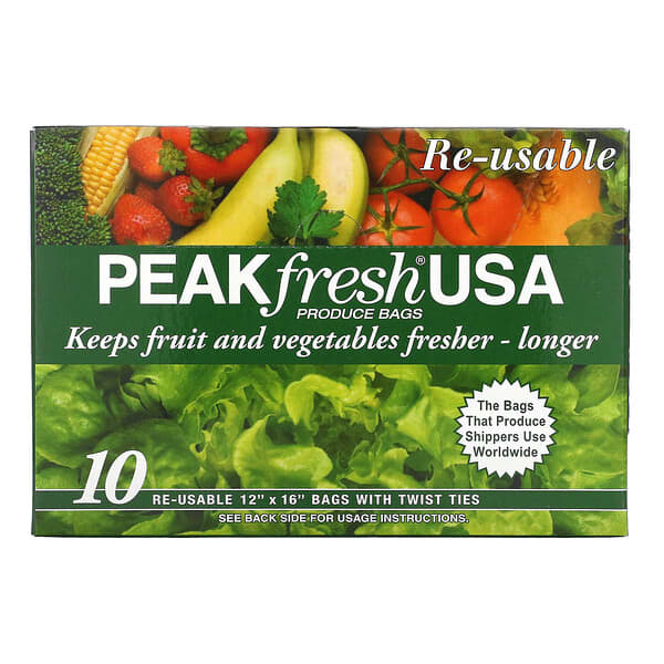 PEAKfresh USA（ピークフレッシュUSA）, 野菜・果物用バッグ、再利用可, 10 - 12インチ x 16インチバッグ, 口止めひも付き