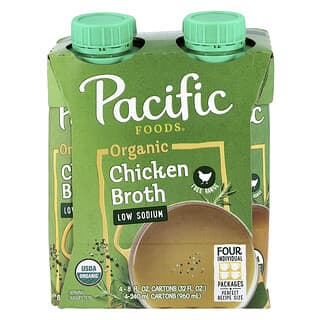 Pacific Foods, Organic Free Range Chicken Broth, Low Sodium, 4 Cartons, 8 fl oz (240 ml) Each
