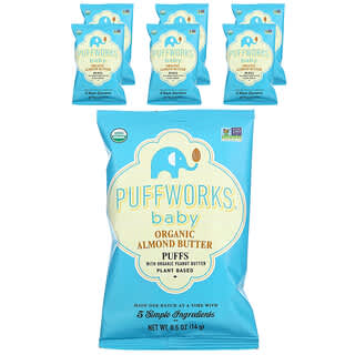 Puffworks, Bebé, Bocadillos de mantequilla de almendras orgánicas, Paquete de 6, 14 g (0,5 oz) cada uno
