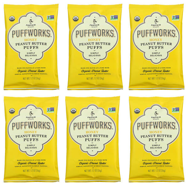 Puffworks, Soufflés au beurre de cacahuète, Miel, 6 paquets, 34 g chacun