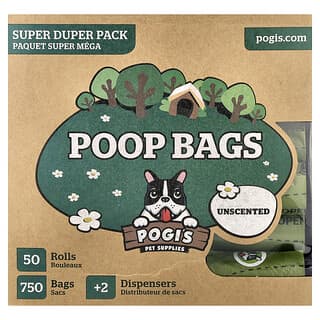 Pogi's Pet Supplies, Poop Bags, Super Duper Pack, Unscented, 50 Rolls, 750 Bags, 2 Dispensers