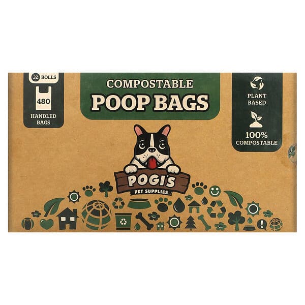 Pogi's Pet Supplies, Sacs à crottes compostables, 32 rouleaux, 480 sacs à poignée