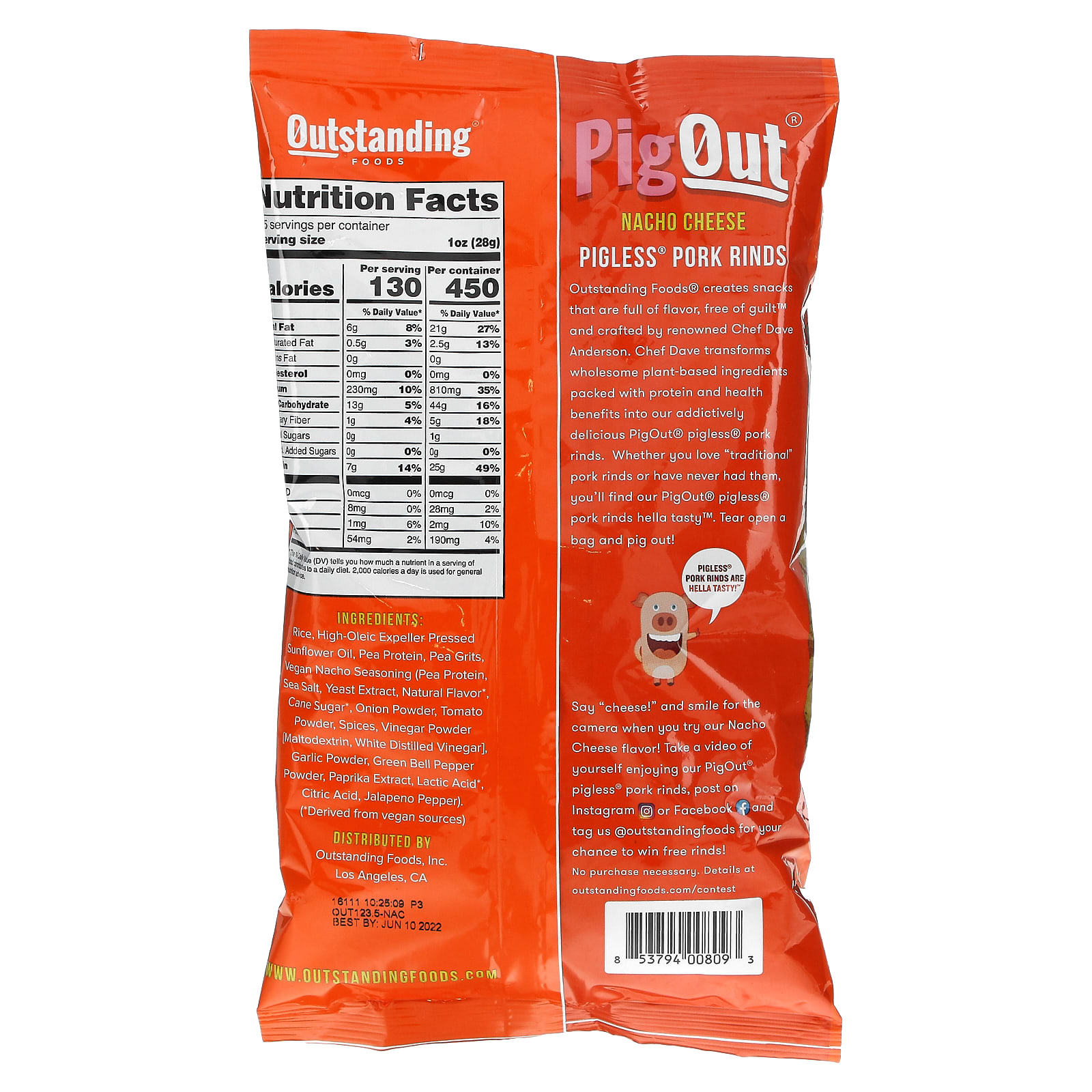 Pigout, Pigless Pork Rinds, Nacho Cheese, 3.5 oz (99.22 g)