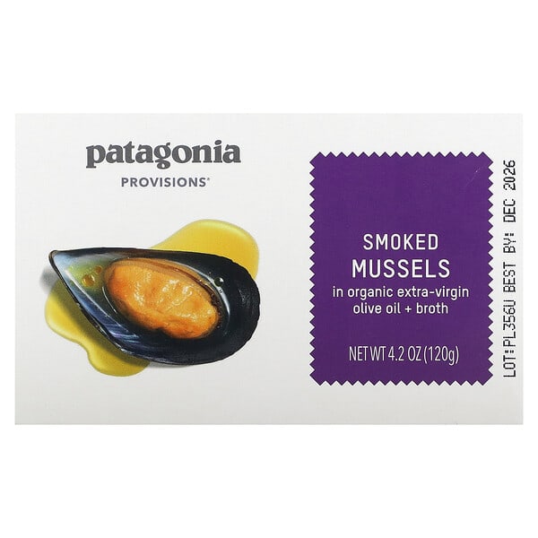 Patagonia Provisions, Smoked Mussels in Organic Extra-Virgin Olive Oil + Broth, 4.2 oz (120 g)