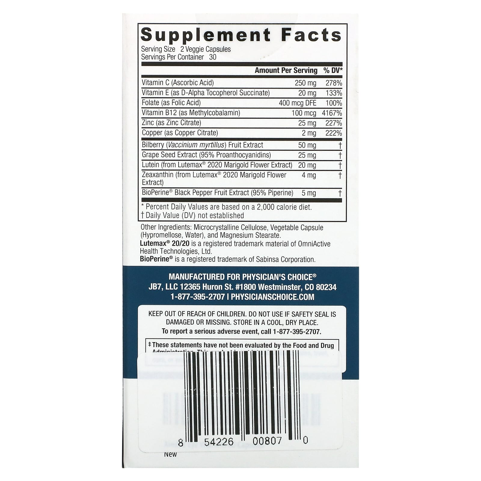 Physician's Choice, Areds2 Based Formula, 60 Veggie Capsules