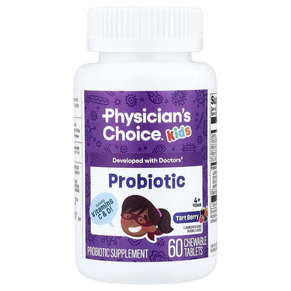 Physician's Choice, Suplemento probiótico para niños de 4 años en adelante, Bayas ácidas, 60 comprimidos masticables