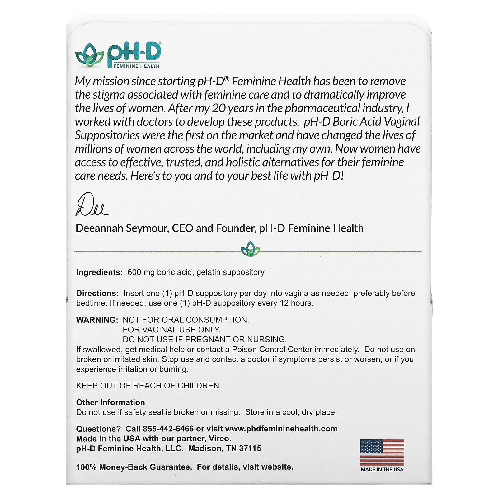 pH-D Feminine Health, Boric Acid Vaginal Suppositories, 600 mg, 24 Vaginal  Suppositories