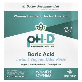 pH-D Feminine Health, Ácido bórico, Enjuague vaginal instantáneo para el olor, 2 frascos y 2 boquillas, 177,44 ml (6 oz. Líq.)