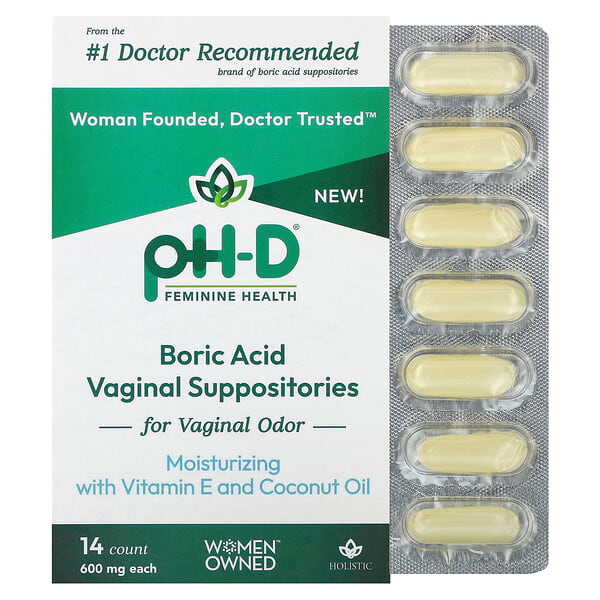 PH-D Feminine Health, Boric Acid, Vaginal Suppositories, 600 Mg, 14 Count