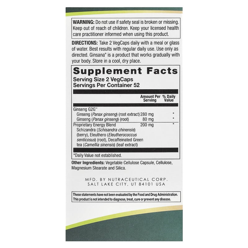 Energia Ginsana, Energizador Totalmente Natural, 105 VegCaps