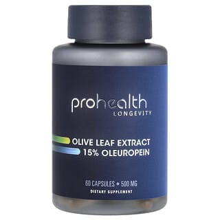 ProHealth Longevity, Extrato da Folha de Oliveira a 15% e Oleuropeína, 500 mg, 60 Cápsulas