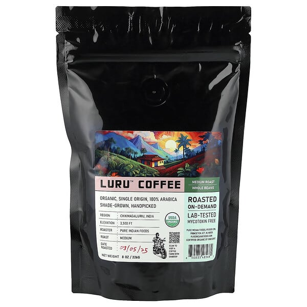 Pure Indian Foods, Luru™ 커피, 원두, 미디엄 로스트, 226g(8oz)