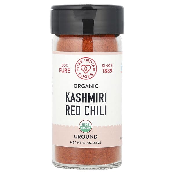 Pure Indian Foods, 유기농 카슈미르 적색 칠리, 분말 맛, 59g(2.1oz)