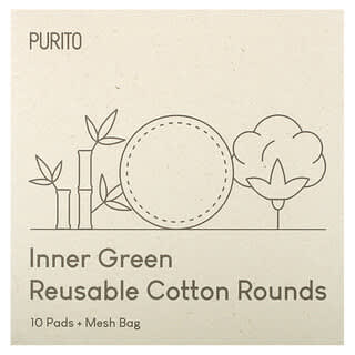 Purito, Inner Green, многоразовые хлопковые кружки, 10 прокладок + сетчатая сумка