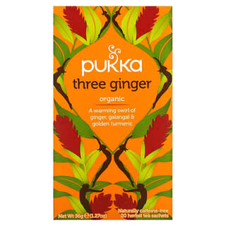 Pukka Herbs, Té de hierbas orgánicas, Tres jengibre, Sin cafeína, 20 sobres, 36 g (1,27 oz)