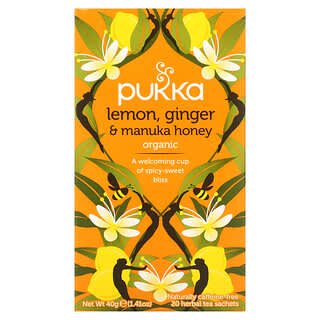 Pukka Herbs, Té de hierbas orgánicas, Limón, jengibre y miel de manuka, Sin cafeína, 20 sobres, 40 g (1,41 oz)